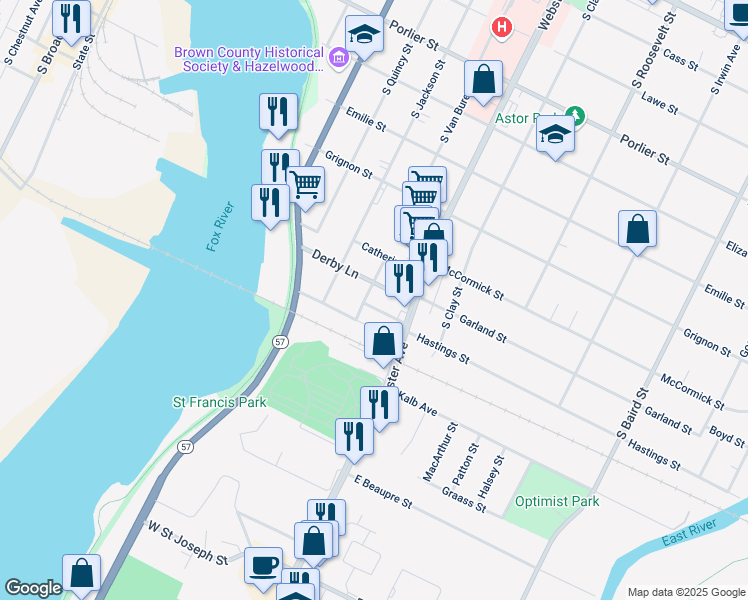 map of restaurants, bars, coffee shops, grocery stores, and more near 1443 South Van Buren Street in Green Bay