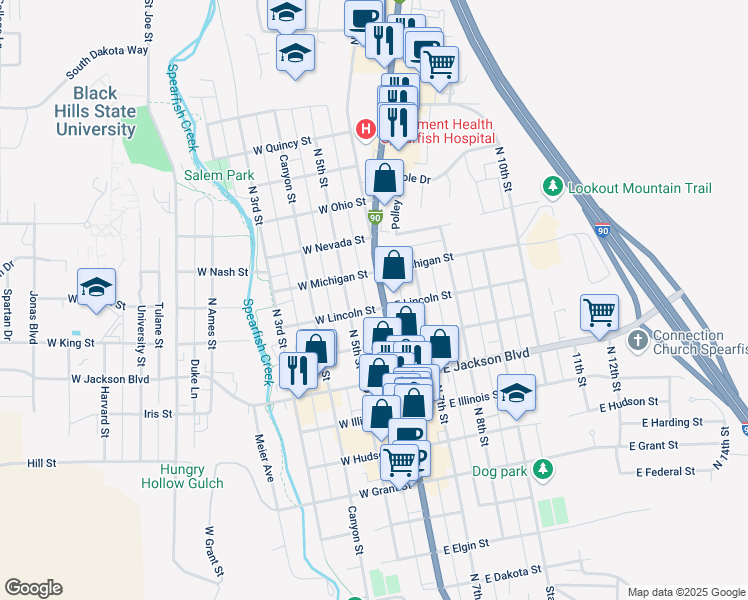 map of restaurants, bars, coffee shops, grocery stores, and more near 1011 North Main Street in Spearfish