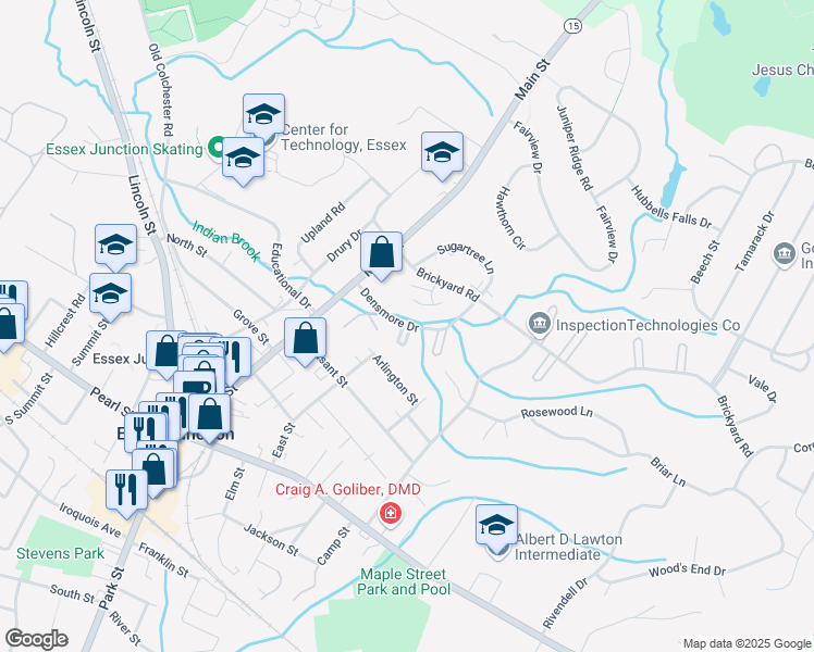 map of restaurants, bars, coffee shops, grocery stores, and more near 10 Densmore Drive in Essex