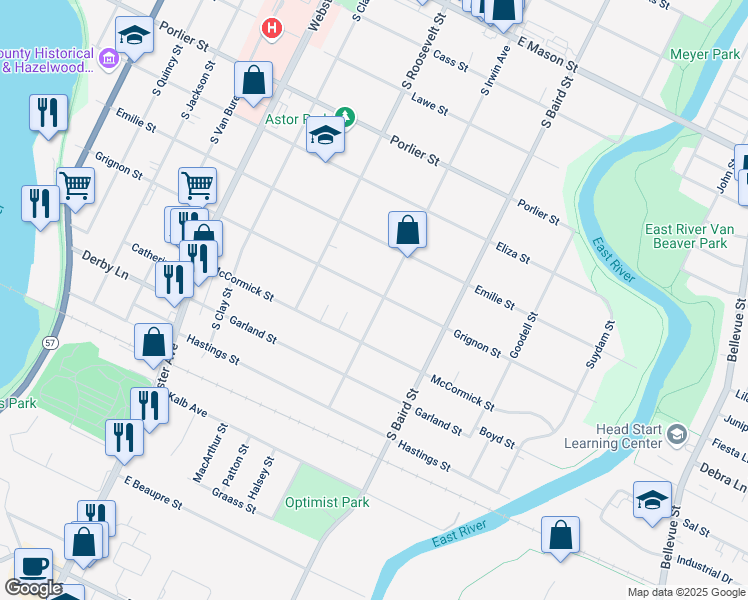 map of restaurants, bars, coffee shops, grocery stores, and more near 1239 South Irwin Avenue in Green Bay