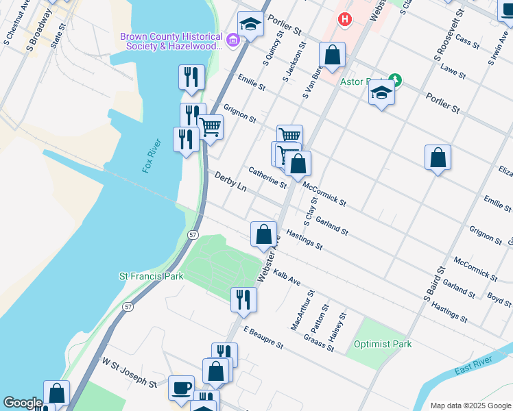 map of restaurants, bars, coffee shops, grocery stores, and more near 1443 South Van Buren Street in Green Bay
