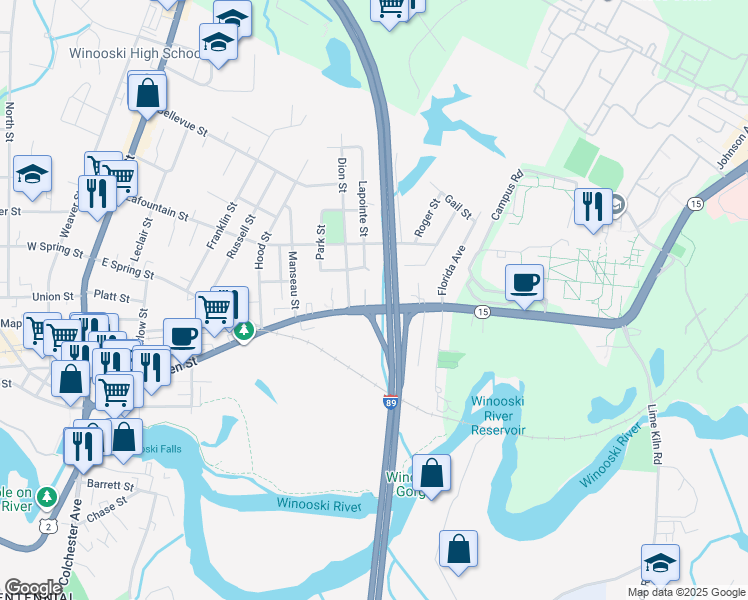 map of restaurants, bars, coffee shops, grocery stores, and more near 325 East Allen Street in Winooski