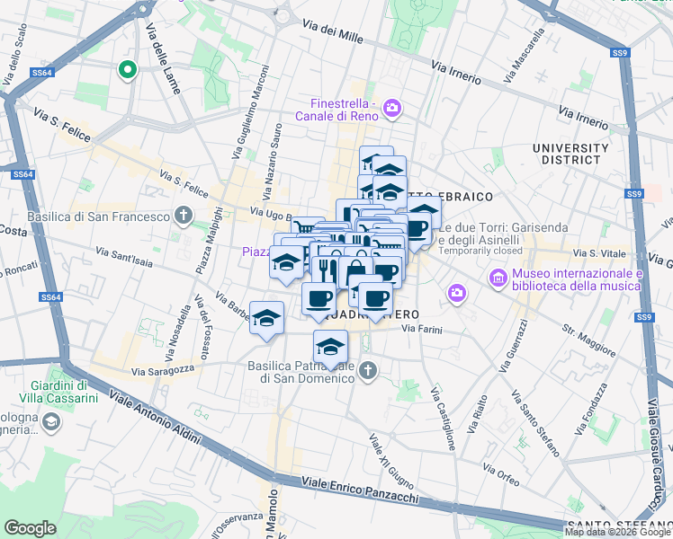 map of restaurants, bars, coffee shops, grocery stores, and more near 2 Via dell'Archiginnasio in Bologna