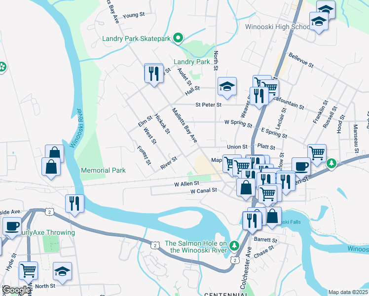 map of restaurants, bars, coffee shops, grocery stores, and more near 52 Hickok Street in Winooski