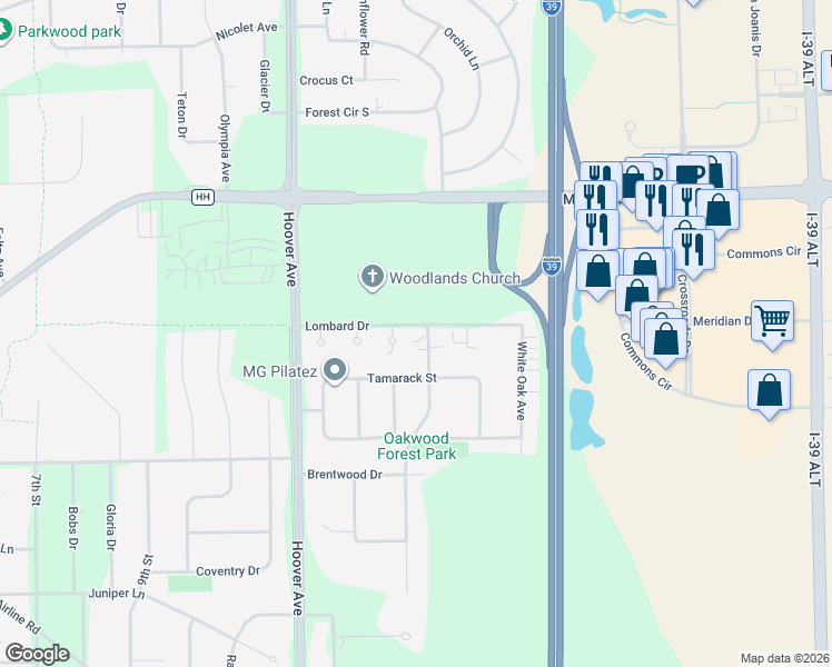 map of restaurants, bars, coffee shops, grocery stores, and more near 261 Oakwood Avenue in Plover