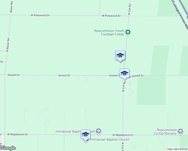 map of restaurants, bars, coffee shops, grocery stores, and more near 3425 Sunset Drive in Roscommon