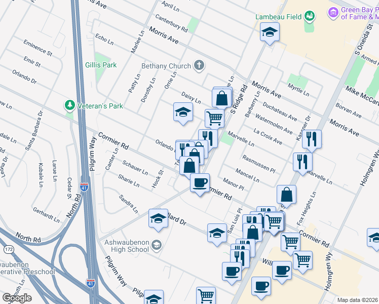 map of restaurants, bars, coffee shops, grocery stores, and more near 2265 True Lane in Green Bay