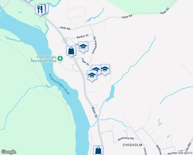 map of restaurants, bars, coffee shops, grocery stores, and more near 23 Community Drive in Jay