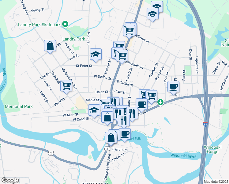 map of restaurants, bars, coffee shops, grocery stores, and more near 114 Main Street in Winooski