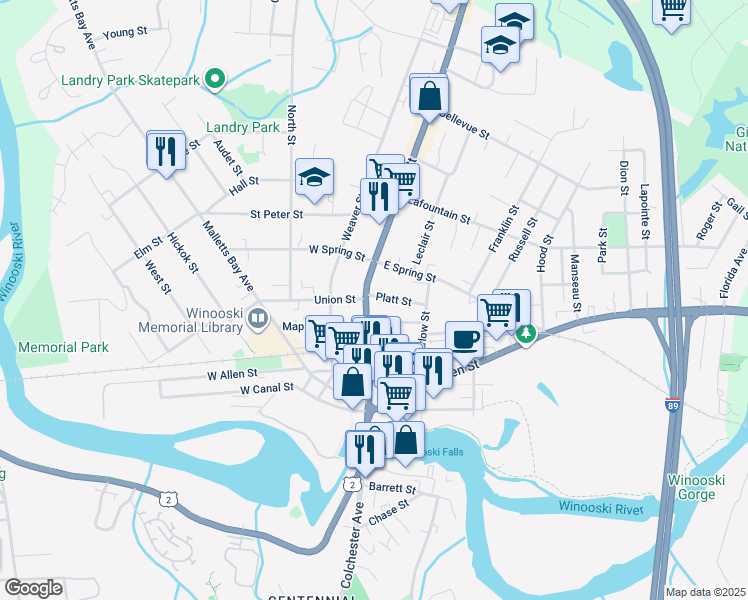 map of restaurants, bars, coffee shops, grocery stores, and more near 114 Main Street in Winooski