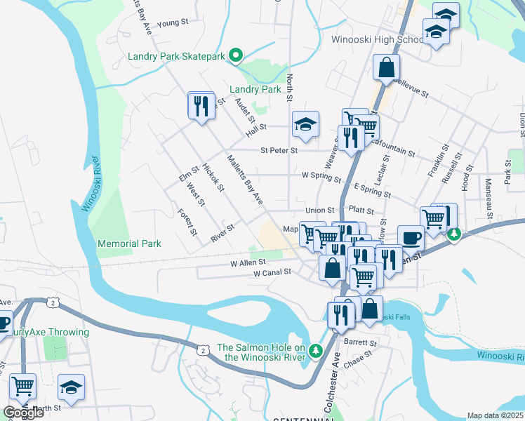 map of restaurants, bars, coffee shops, grocery stores, and more near 74 Malletts Bay Avenue in Winooski