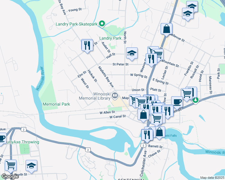 map of restaurants, bars, coffee shops, grocery stores, and more near 74 Malletts Bay Avenue in Winooski