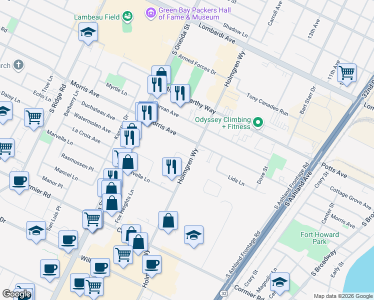 map of restaurants, bars, coffee shops, grocery stores, and more near 2132 Holmgren Way in Green Bay