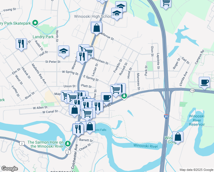 map of restaurants, bars, coffee shops, grocery stores, and more near 110 East Spring Street in Winooski