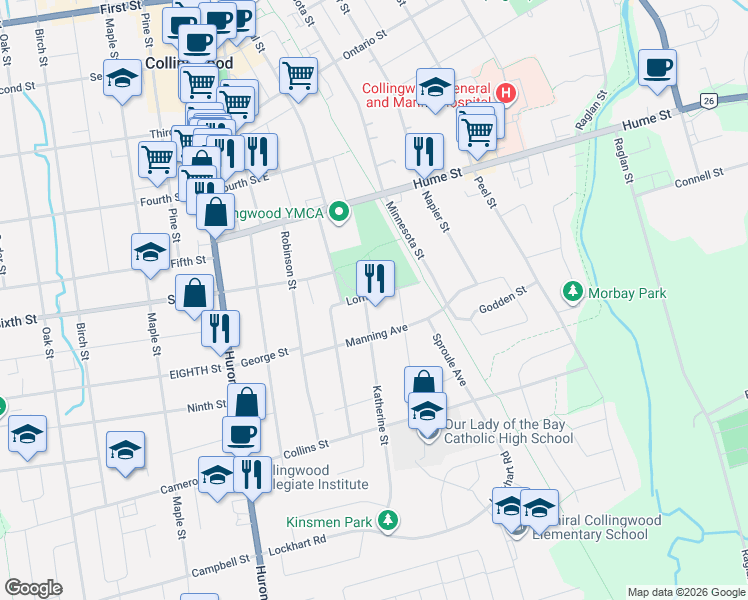 map of restaurants, bars, coffee shops, grocery stores, and more near 30 Katherine Street in Collingwood
