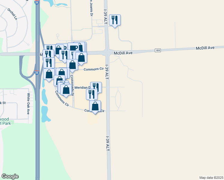 map of restaurants, bars, coffee shops, grocery stores, and more near 828 Commons Circle in Plover