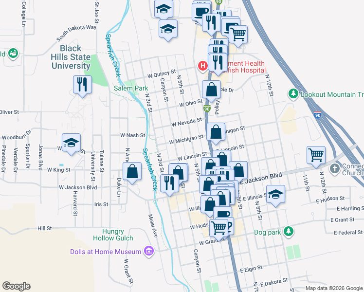 map of restaurants, bars, coffee shops, grocery stores, and more near 1001-1045 North Canyon Street in Spearfish