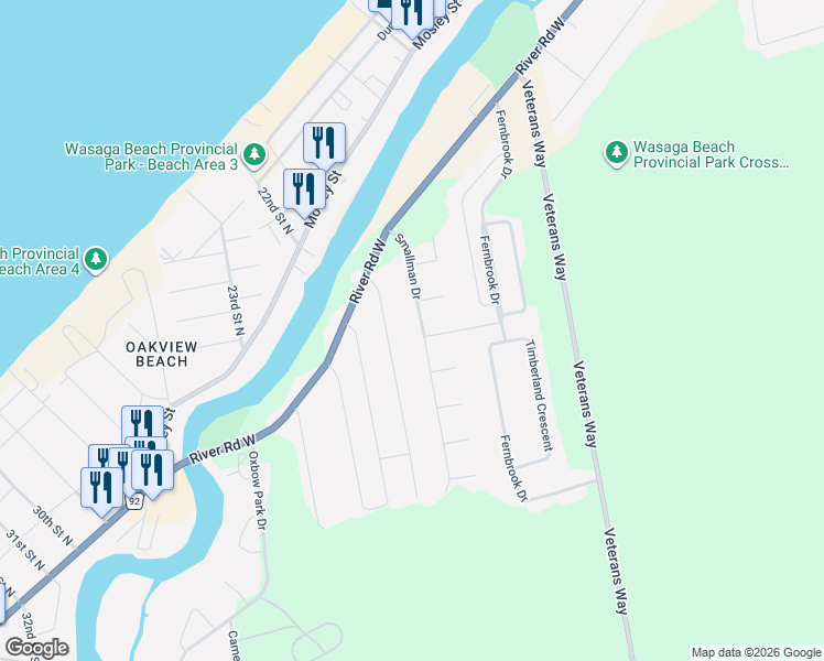 map of restaurants, bars, coffee shops, grocery stores, and more near 88 Smallman Drive in Wasaga Beach