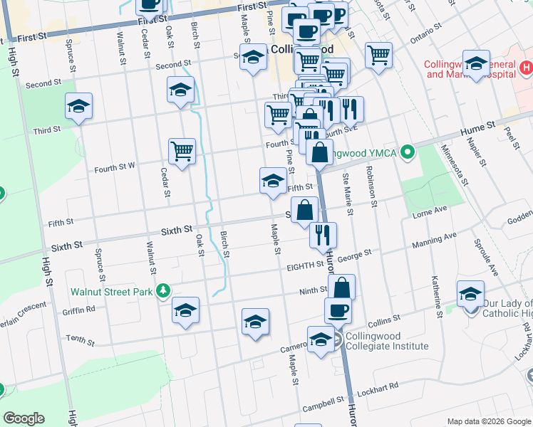map of restaurants, bars, coffee shops, grocery stores, and more near 125 Sixth Street in Collingwood