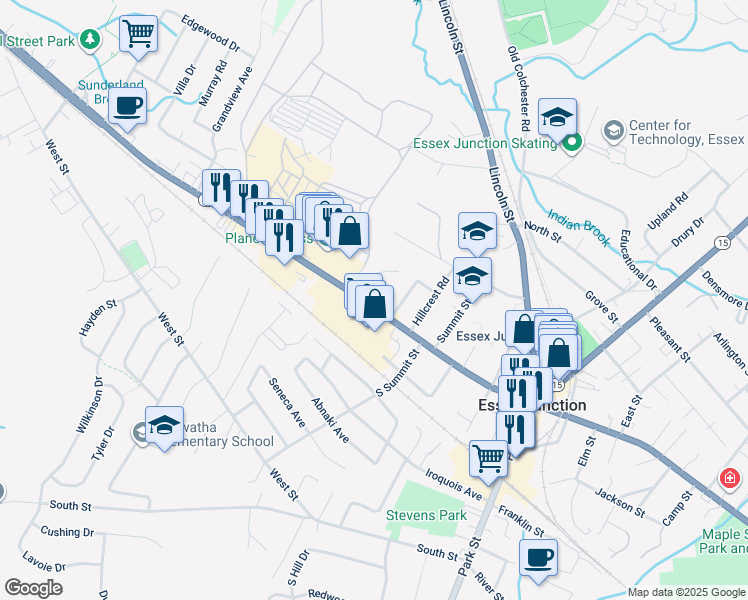 map of restaurants, bars, coffee shops, grocery stores, and more near 56 Pearl Street in Essex