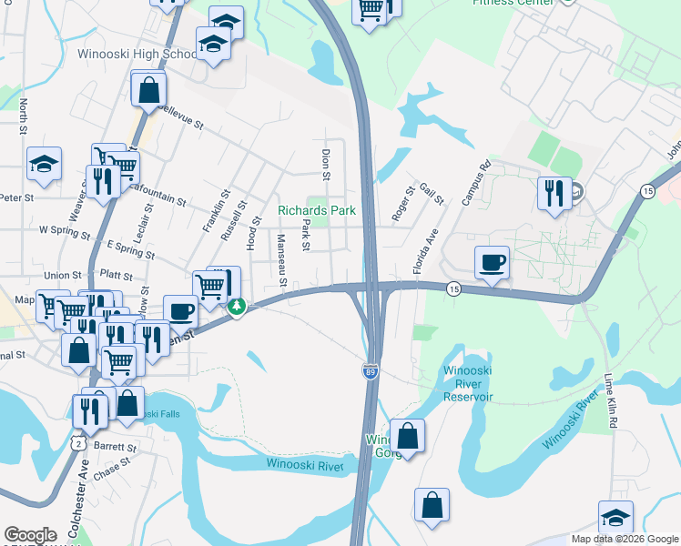 map of restaurants, bars, coffee shops, grocery stores, and more near 298 East Allen Street in Winooski