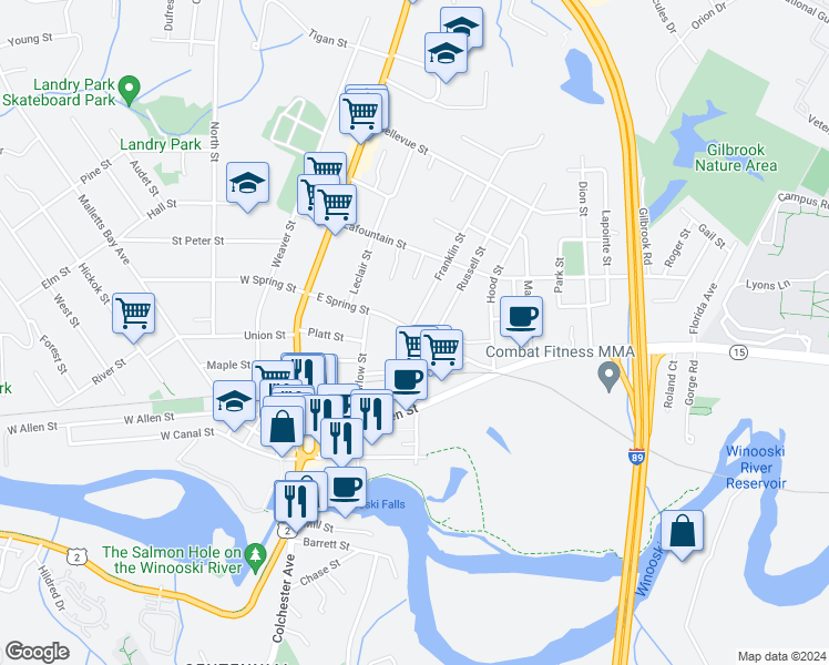 map of restaurants, bars, coffee shops, grocery stores, and more near 120 East Spring Street in Winooski