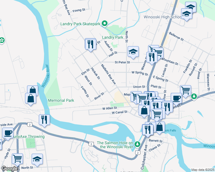 map of restaurants, bars, coffee shops, grocery stores, and more near 52 Hickok Street in Winooski