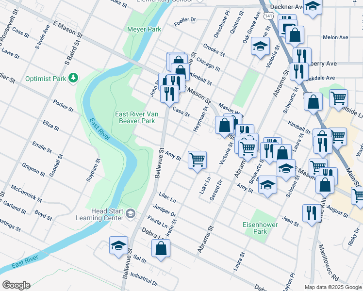 map of restaurants, bars, coffee shops, grocery stores, and more near 829 Heyrman Street in Green Bay