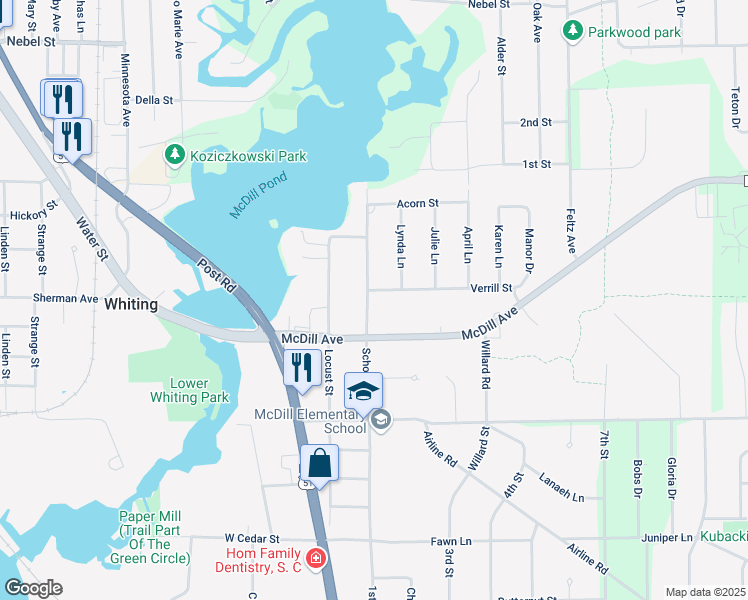 map of restaurants, bars, coffee shops, grocery stores, and more near 2108 School Street in Stevens Point