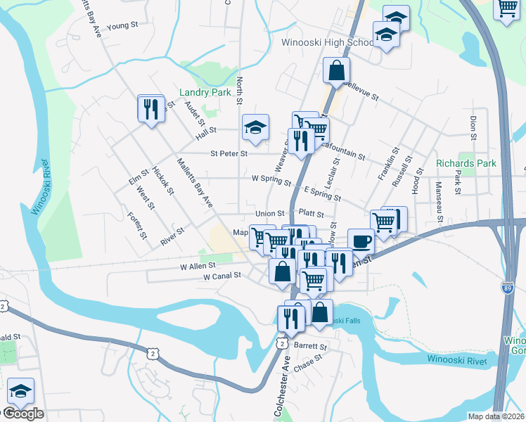 map of restaurants, bars, coffee shops, grocery stores, and more near 39 Union Street in Winooski