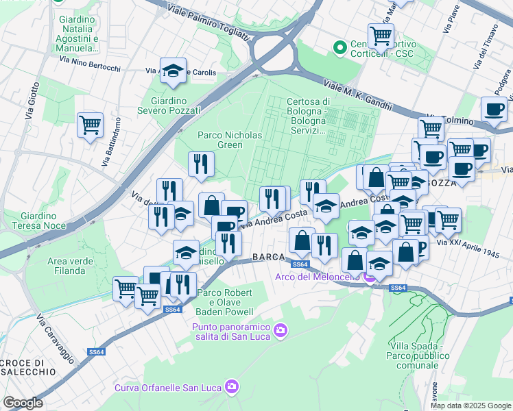 map of restaurants, bars, coffee shops, grocery stores, and more near 199 Via Andrea Costa in Bologna