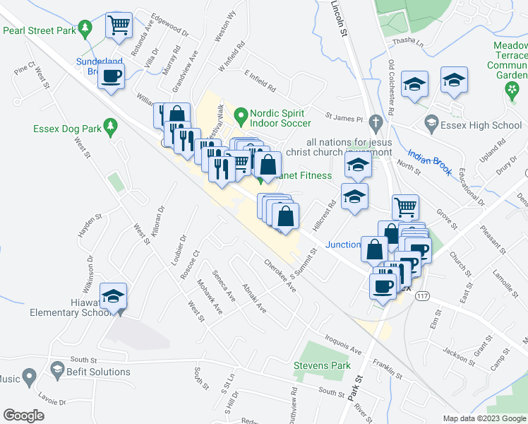map of restaurants, bars, coffee shops, grocery stores, and more near 23 Roscoe Court in Essex