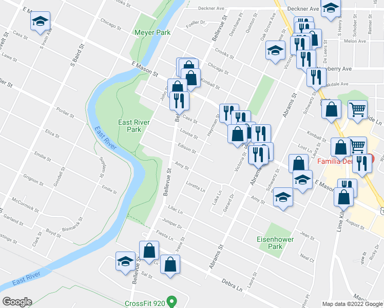 map of restaurants, bars, coffee shops, grocery stores, and more near 1636 Edison Street in Green Bay