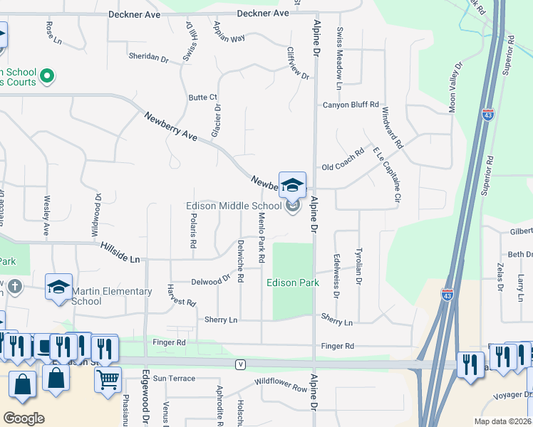 map of restaurants, bars, coffee shops, grocery stores, and more near 421 Menlo Park Road in Green Bay