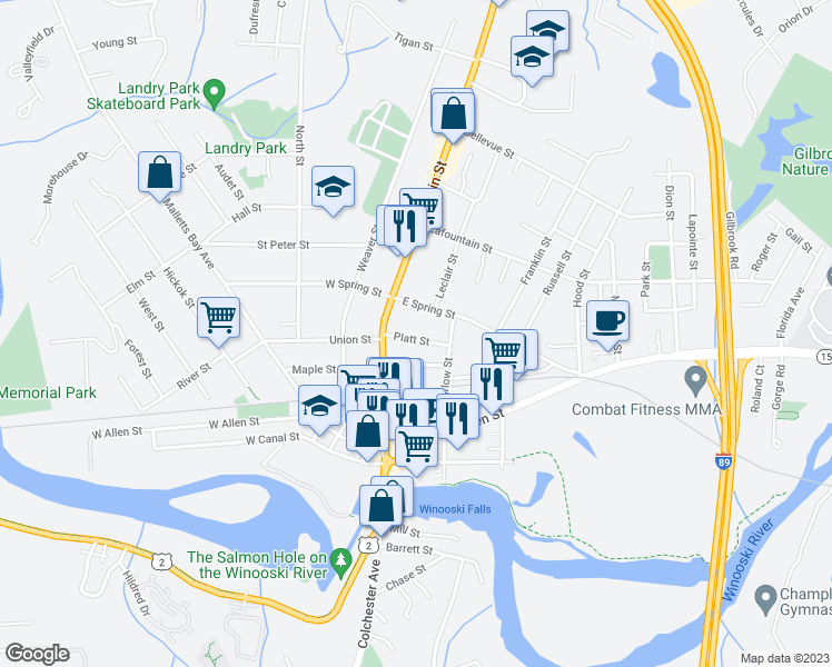 map of restaurants, bars, coffee shops, grocery stores, and more near 31 Platt Street in Winooski