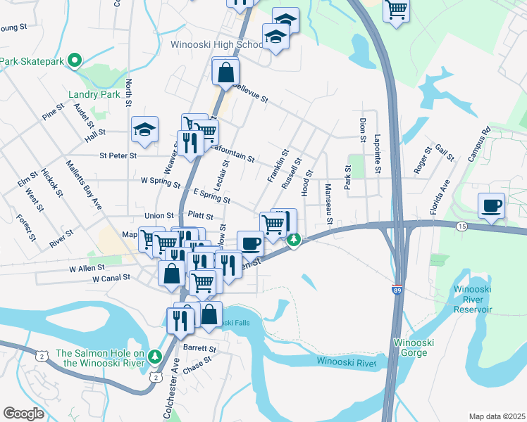 map of restaurants, bars, coffee shops, grocery stores, and more near 8B Franklin Street in Winooski