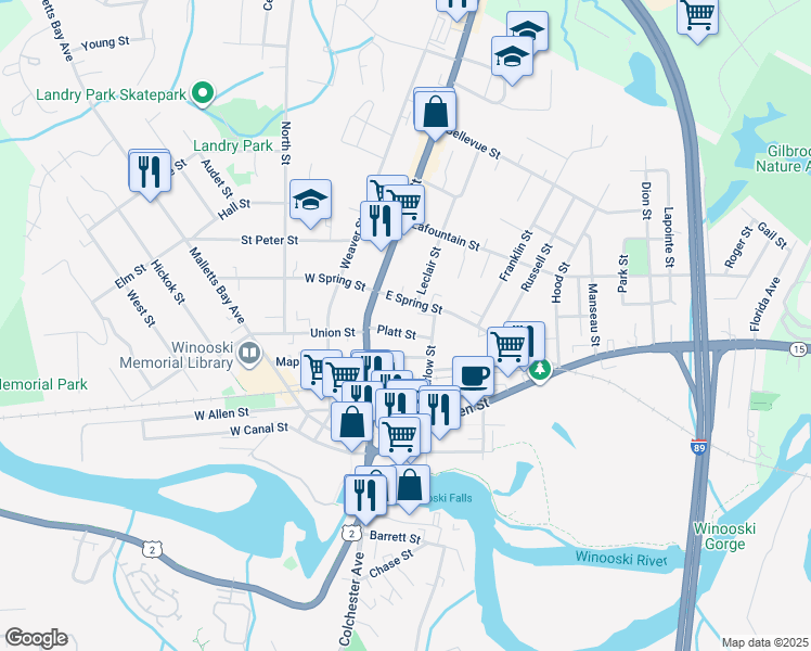 map of restaurants, bars, coffee shops, grocery stores, and more near 26 East Spring Street in Winooski
