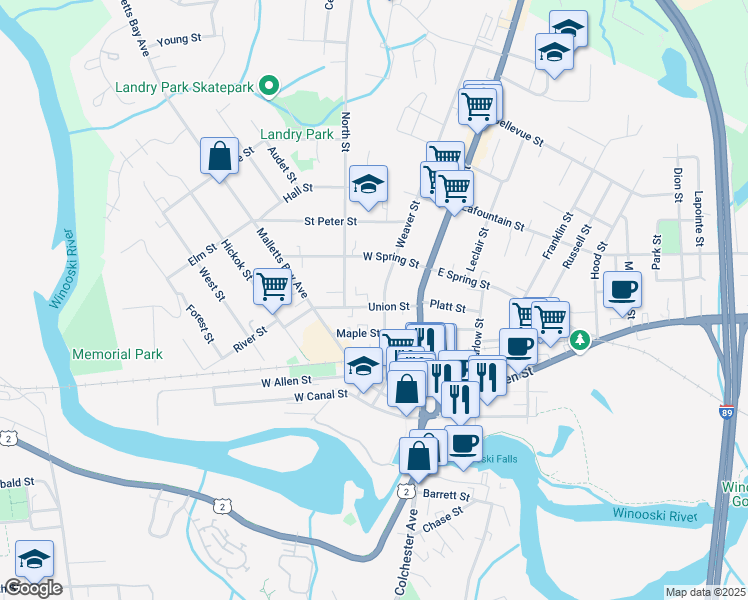 map of restaurants, bars, coffee shops, grocery stores, and more near 156 Weaver Street in Winooski