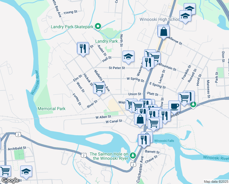 map of restaurants, bars, coffee shops, grocery stores, and more near 99 Malletts Bay Avenue in Winooski