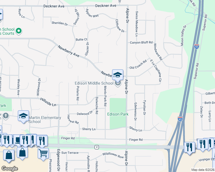 map of restaurants, bars, coffee shops, grocery stores, and more near 421 Menlo Park Road in Green Bay