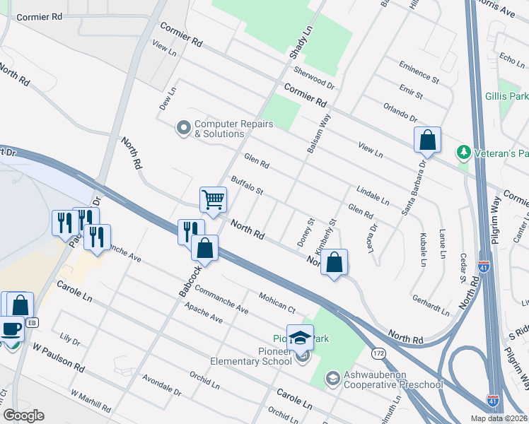 map of restaurants, bars, coffee shops, grocery stores, and more near 1509 Buffalo Street in Green Bay