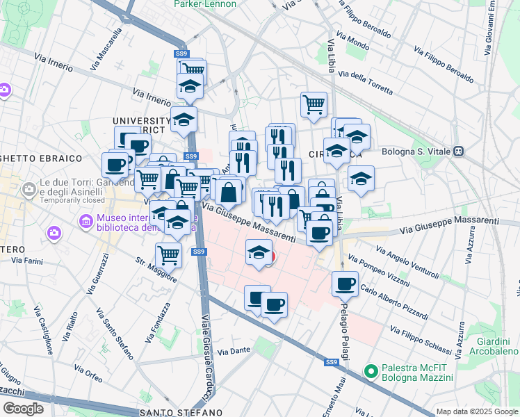 map of restaurants, bars, coffee shops, grocery stores, and more near 1 Via G. Zaccherini Alvisi in Bologna