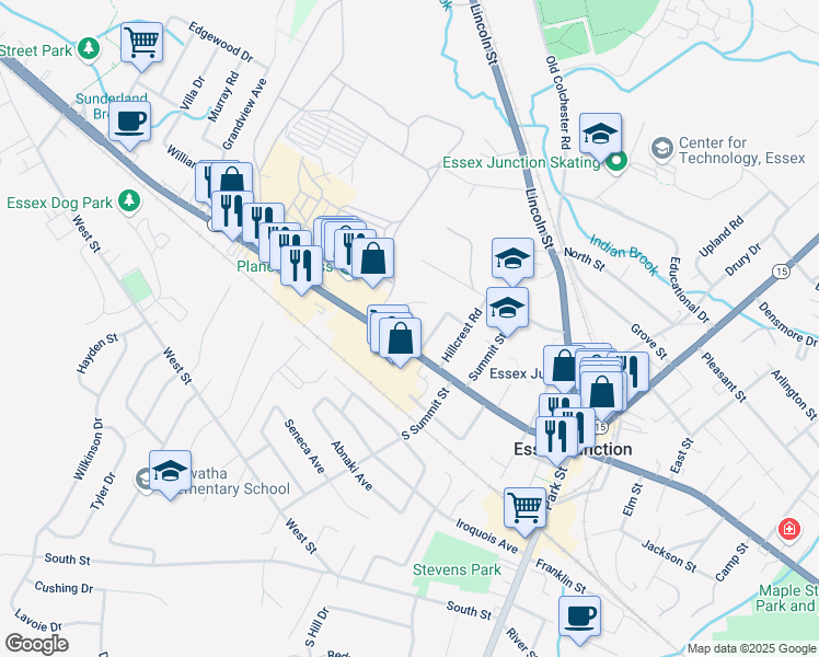 map of restaurants, bars, coffee shops, grocery stores, and more near 61 Pearl Street in Essex Junction