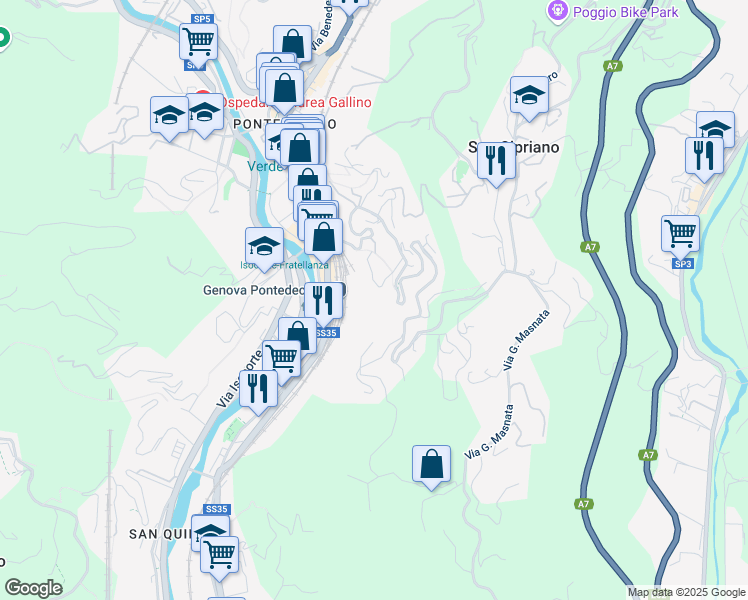 map of restaurants, bars, coffee shops, grocery stores, and more near 9 Salita Serra Riccò in Genova