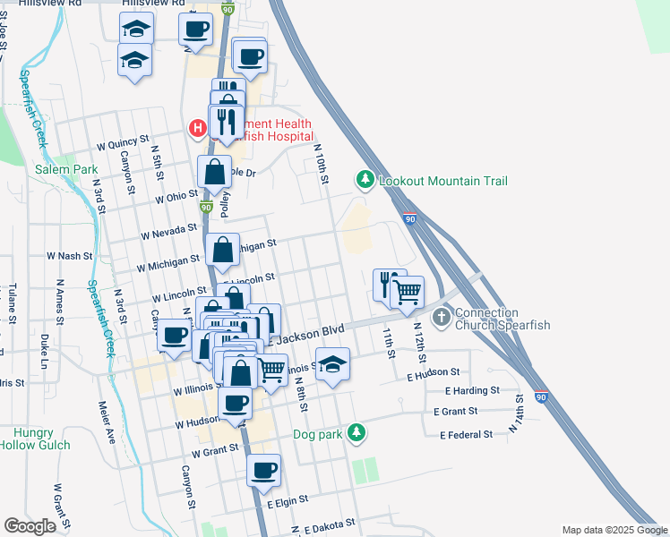 map of restaurants, bars, coffee shops, grocery stores, and more near 1001-1019 North 10th Street in Spearfish