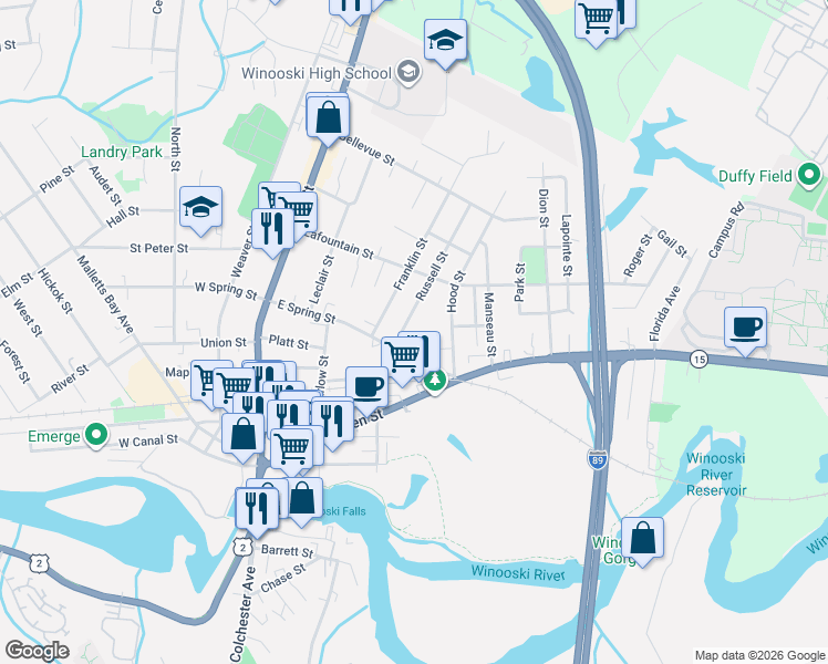 map of restaurants, bars, coffee shops, grocery stores, and more near 44 Russell Street in Winooski