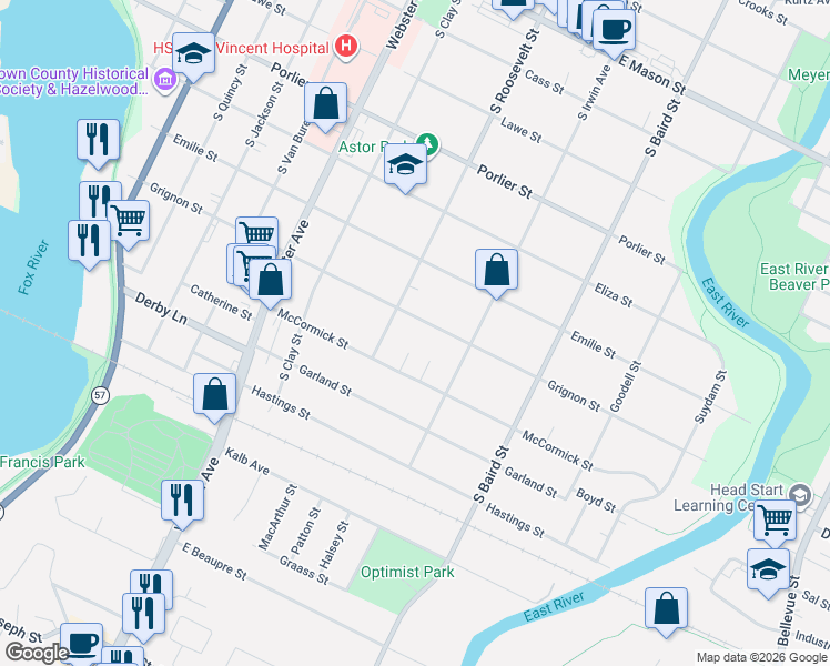 map of restaurants, bars, coffee shops, grocery stores, and more near 1221 Grignon Street in Green Bay