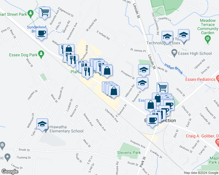 map of restaurants, bars, coffee shops, grocery stores, and more near 67 Pearl Street in Essex