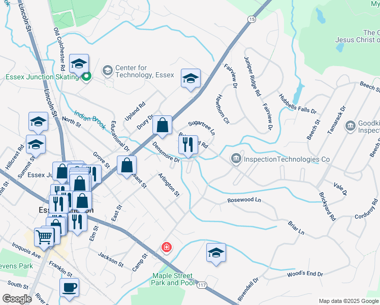 map of restaurants, bars, coffee shops, grocery stores, and more near 17 Brickyard Road in Essex Junction