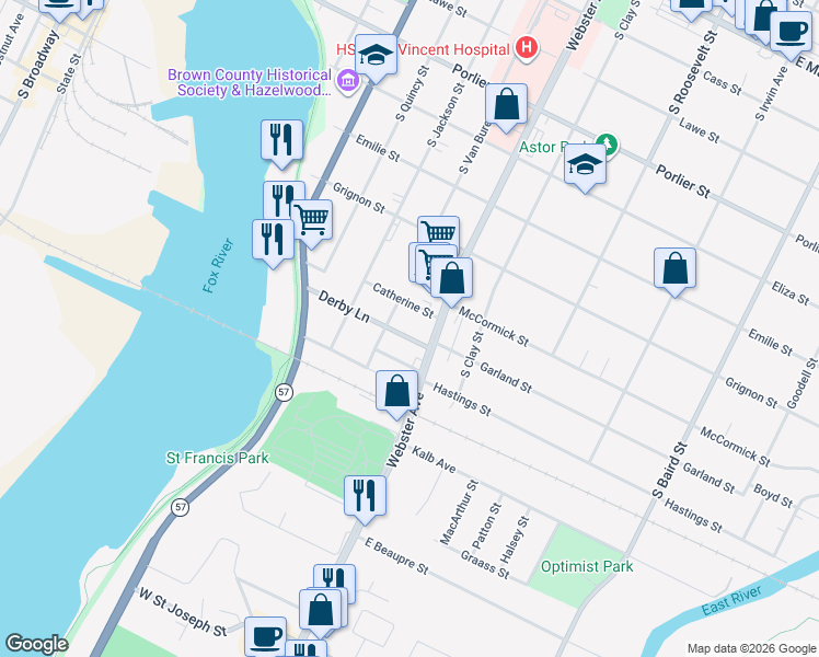map of restaurants, bars, coffee shops, grocery stores, and more near 917 Derby Lane in Green Bay